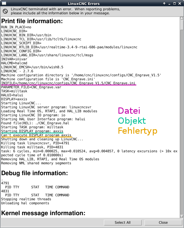 LinuxCNC Errormeldung INI