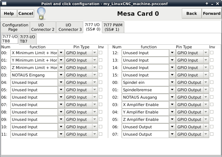 LinuxCNC Pnpconf Wizard Ein- Ausgänge